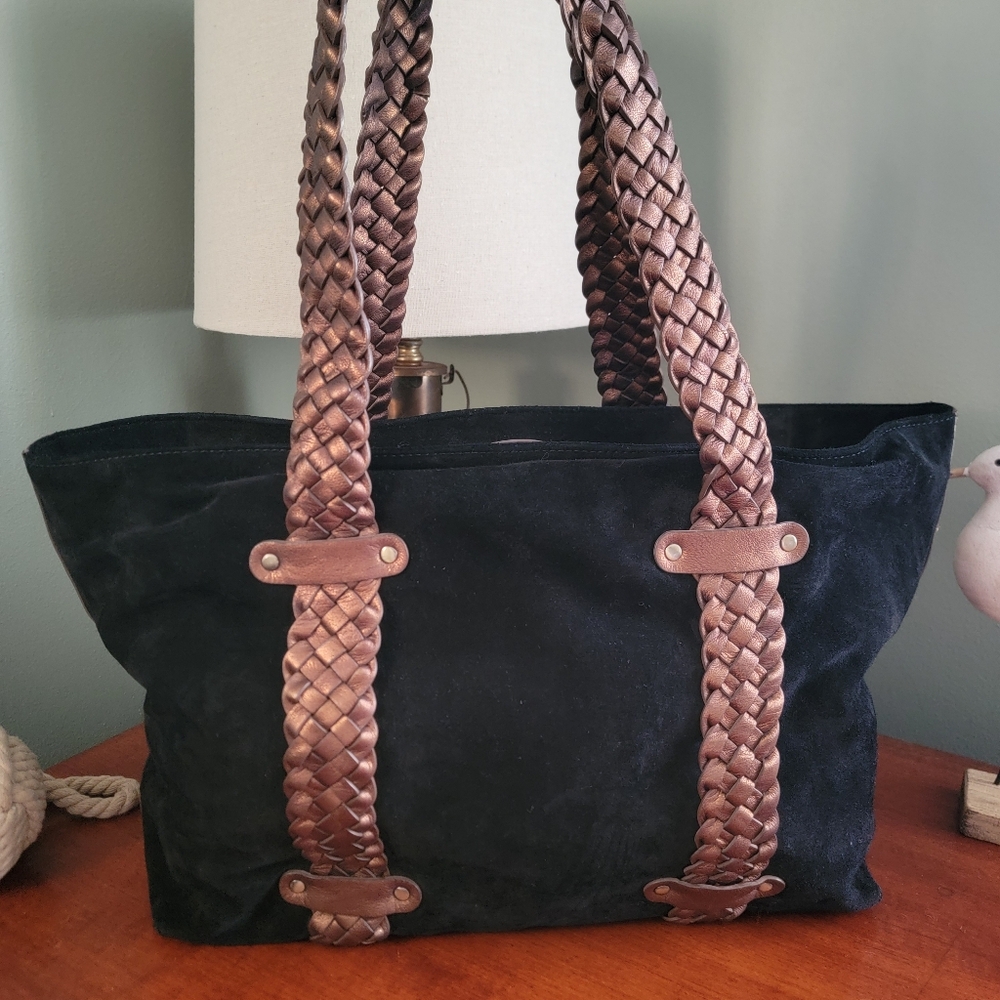 Donald J. Pliner Black Suede Braided Leather Tote Shoulder Bag Y2K